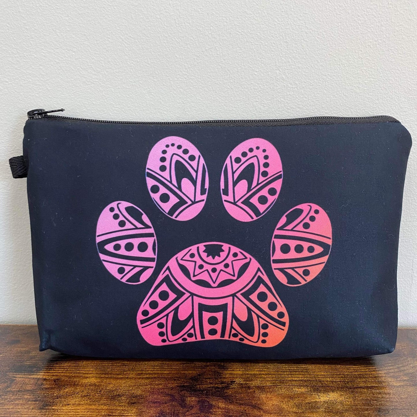 Pouch - Dog, Paw Print Mandala Black Pink