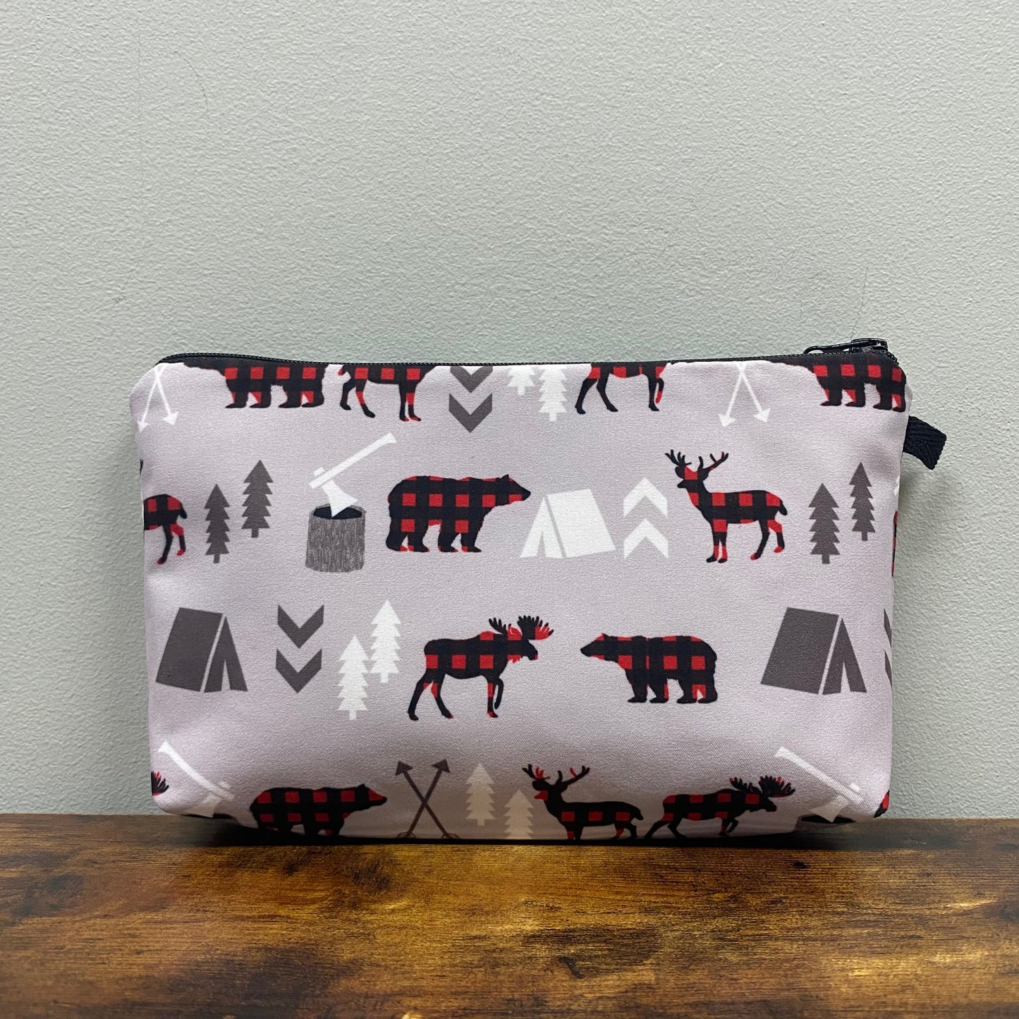 Pouch - Holiday Christmas - Plaid Woodland Creatures on Grey